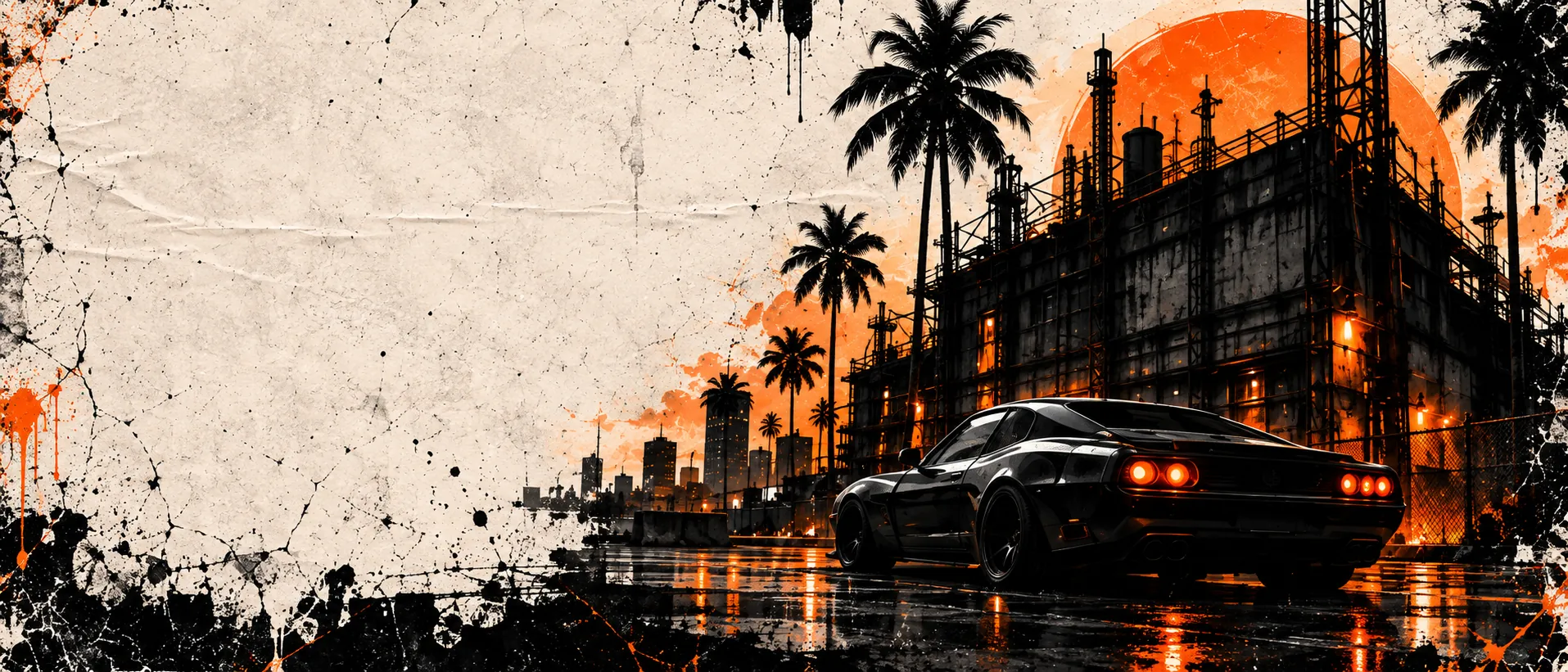 Industrial building, palm trees and a black car in front of an orange sun