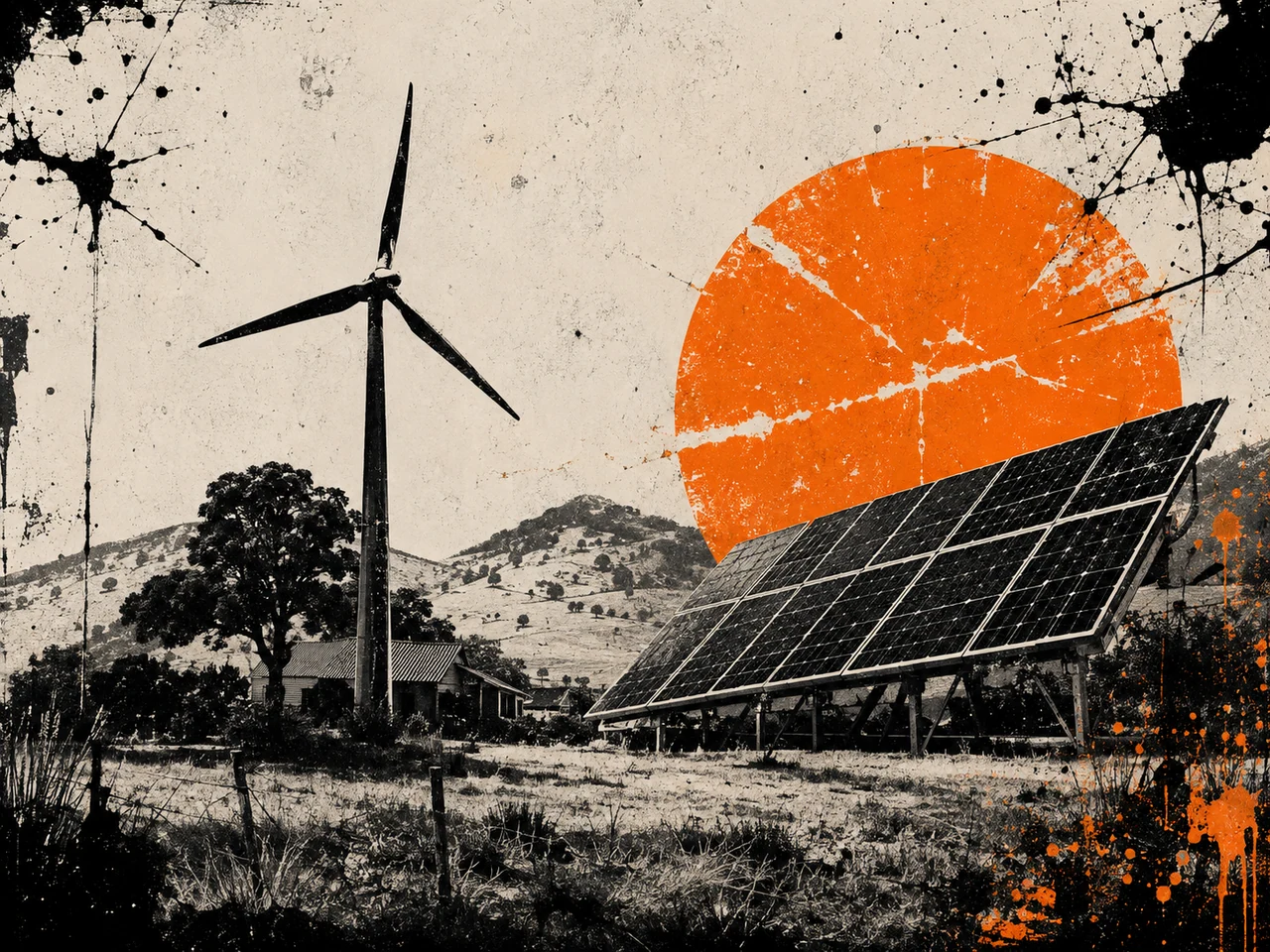 Solarmodule, Windräder und eine orangefarbene Sonne
