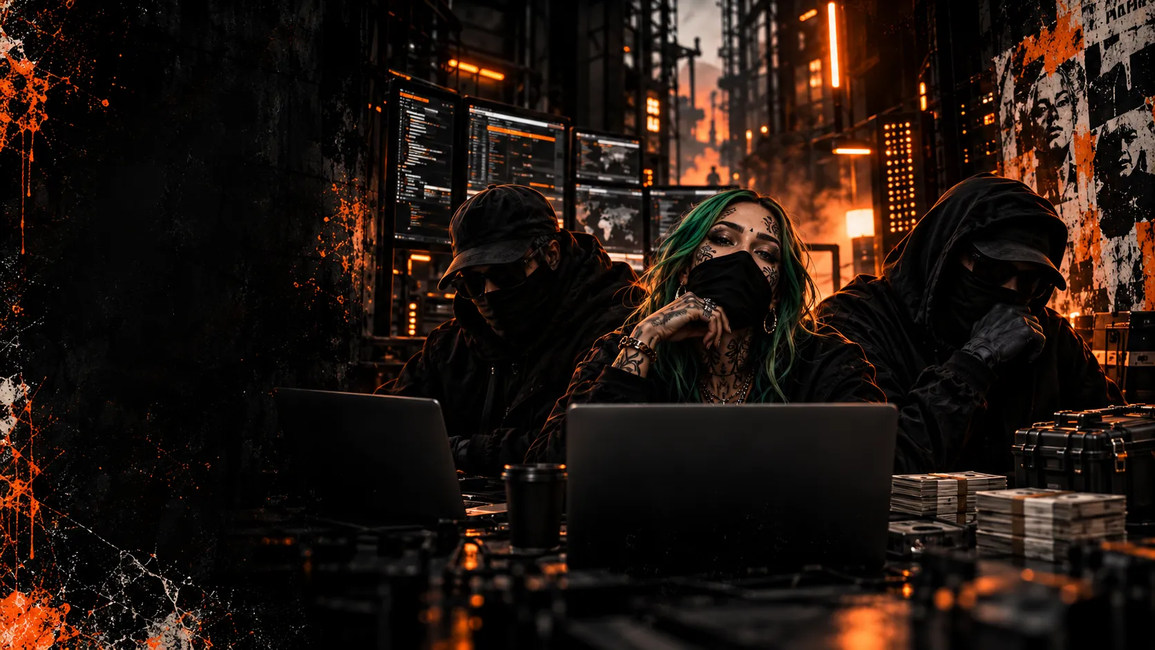 Three masked Vols Labs team members with laptops, coding screens and stacks of money