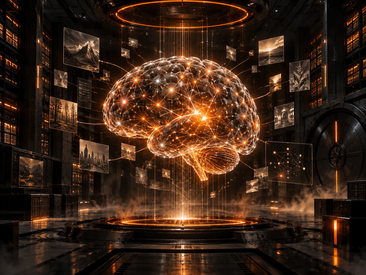 Leuchtendes KI-Gedächtnis aus vernetzten Neuronen in einem dunklen digitalen Archiv