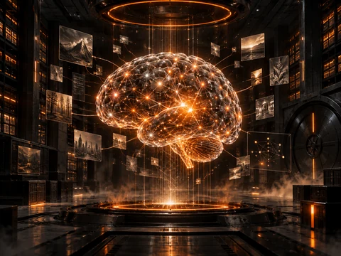 Leuchtendes KI-Gedächtnis aus vernetzten Neuronen in einem dunklen digitalen Archiv