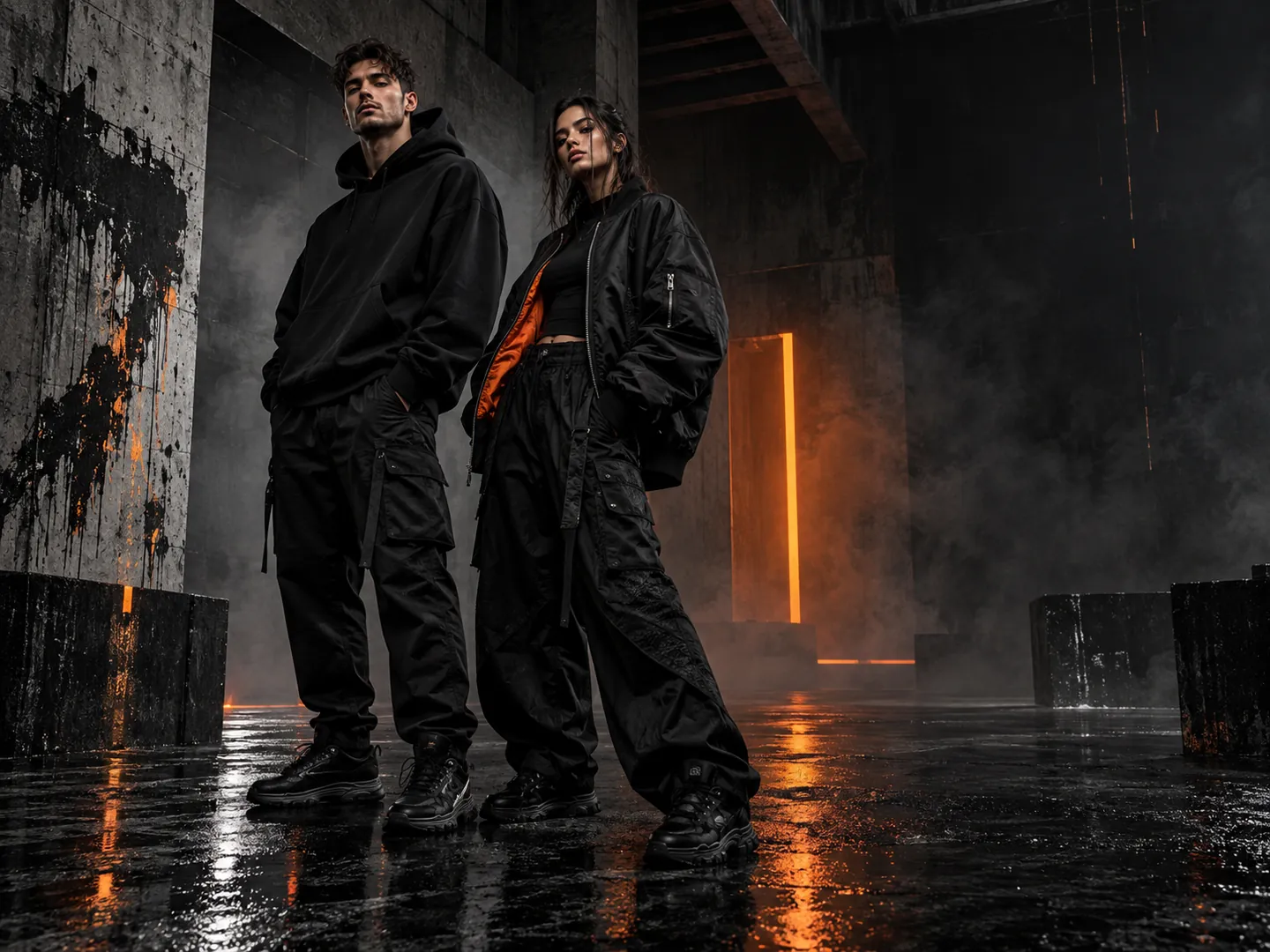 Zwei Models in schwarzer Streetwear in einer dunklen Industriehalle mit orangefarbenem Licht