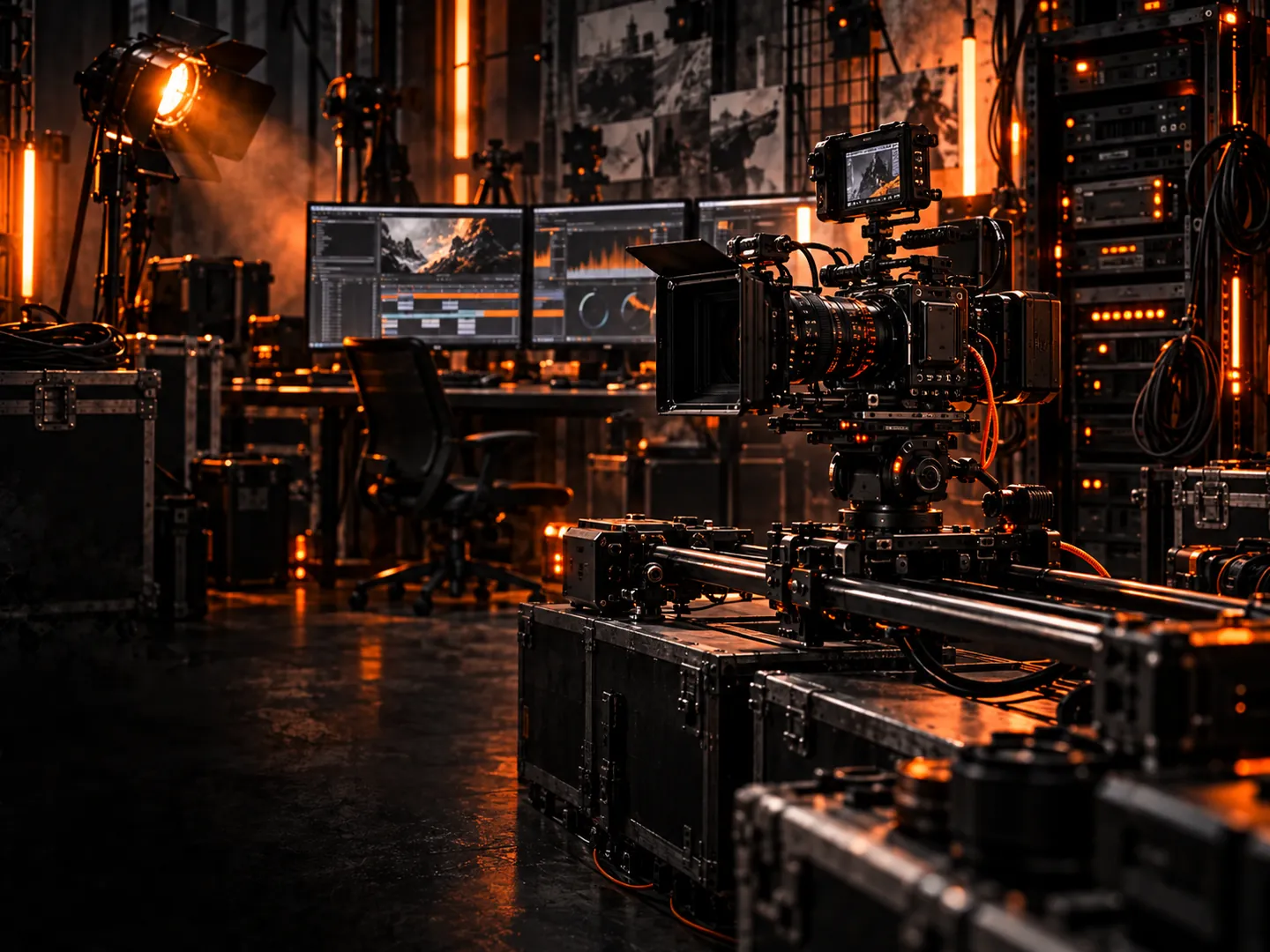 Professional cinema camera in a dark studio with orange light accents