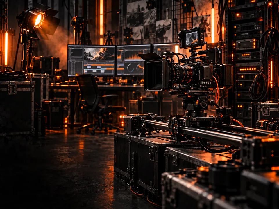 Professionelle Kinokamera in einem dunklen Studio mit orangefarbenen Lichtakzenten