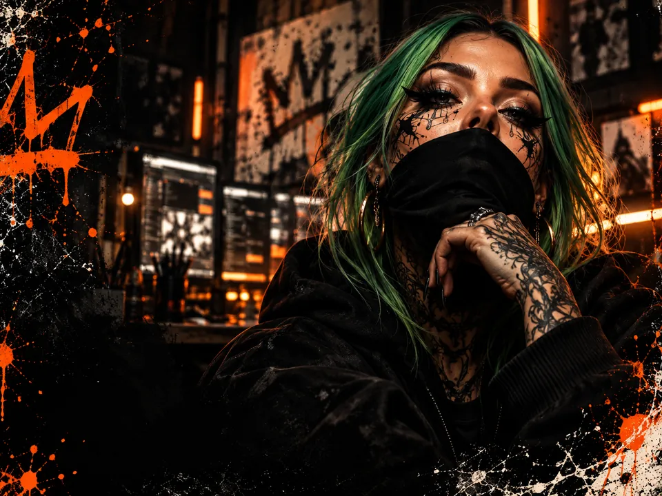 Maskierte Frau mit grünen Haaren und Tattoos in einer orange-schwarzen Street-Art-Collage