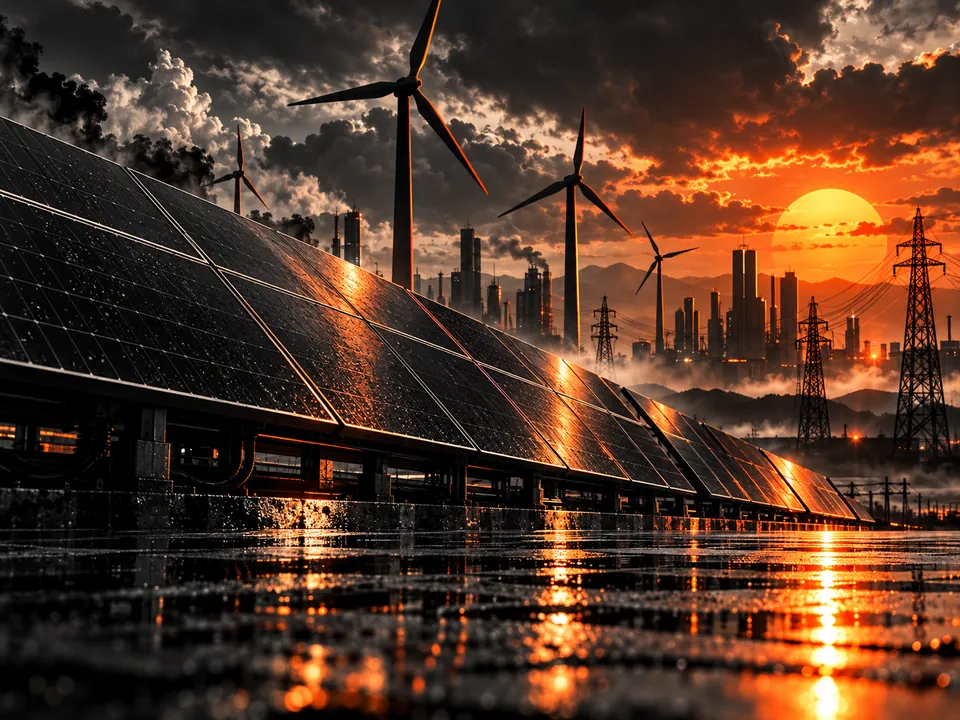 Solarmodule und Windräder vor einer orangefarbenen Stadt bei Sonnenuntergang