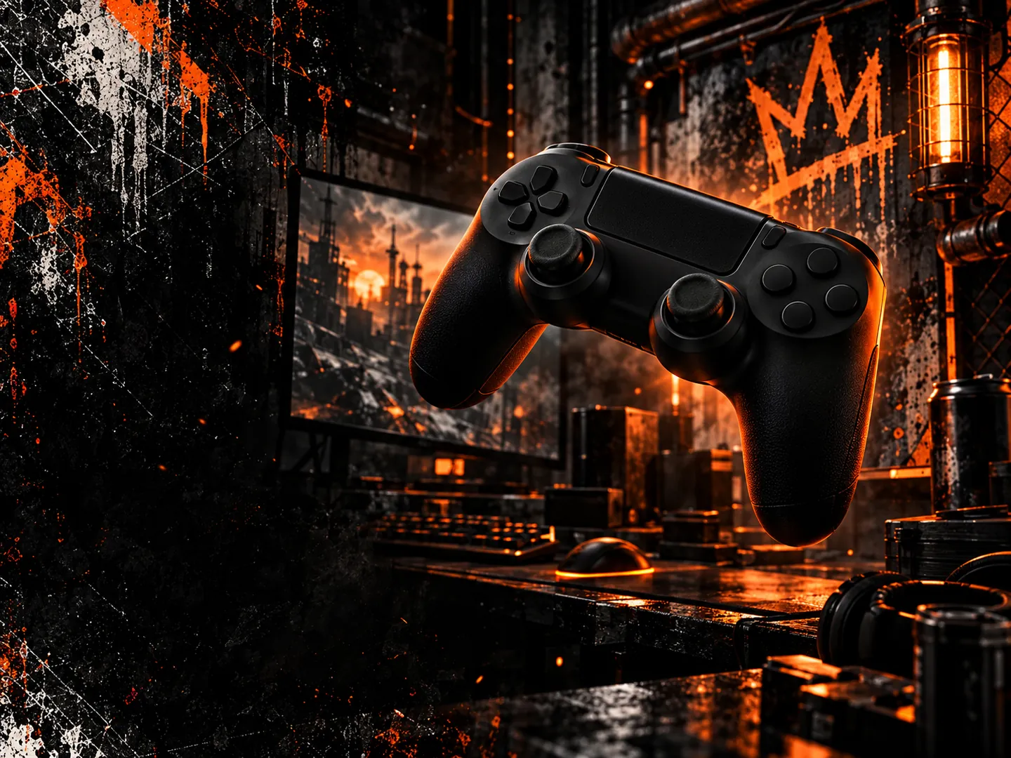 Schwarzer Gaming-Controller in einer dunklen orange beleuchteten Szene