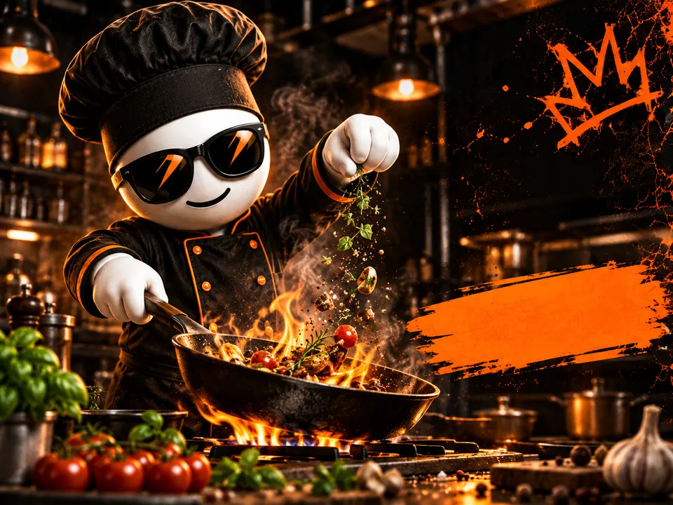 Vols-Küchenmaskottchen mit Kochmütze an einer dampfenden Pfanne