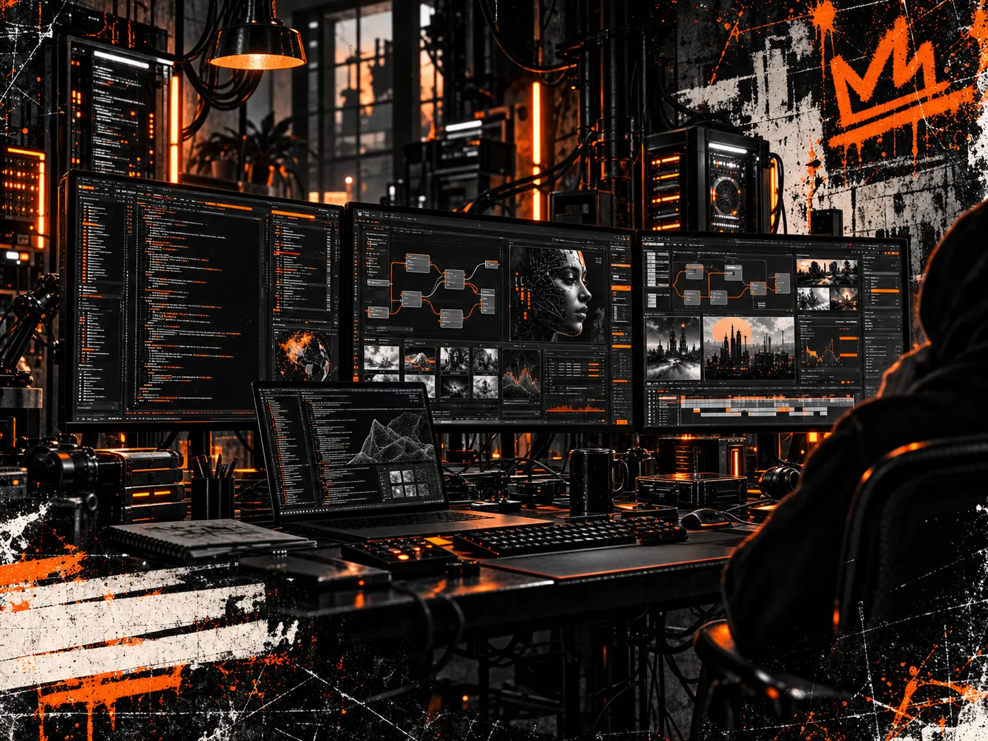 Dunkler Arbeitsplatz mit Coding-Monitoren und orangefarbenen Lichtakzenten