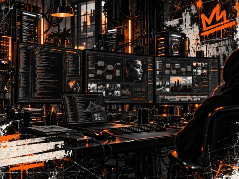 Dunkler Arbeitsplatz mit mehreren Coding-Monitoren und orangefarbenen Lichtakzenten