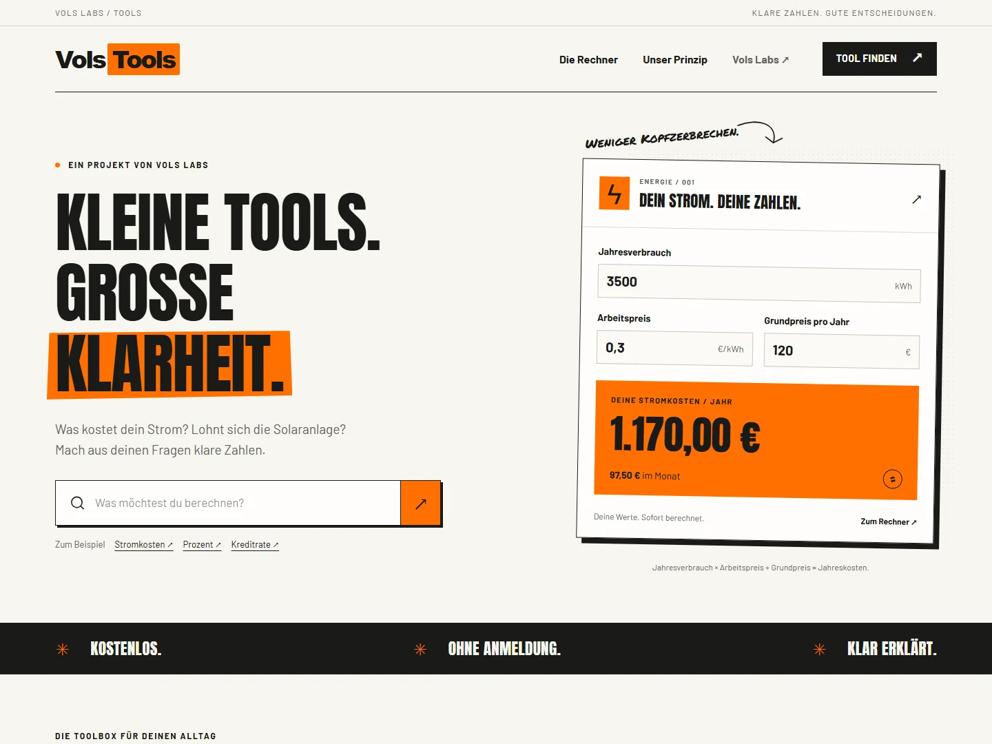 Reale Benutzeroberfläche der veröffentlichten Vols-Tools-Rechnerplattform