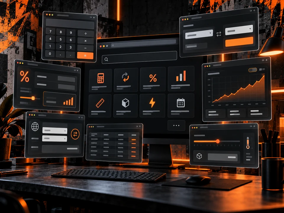 Orange-schwarzes Web-Tools-Dashboard mit Rechnern, Formularen und Diagrammen